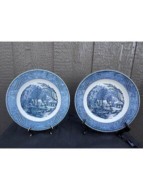 Currier & Ives Blue & White Dinner Plates Set Of 2 The Old Grist Mill 10" USA